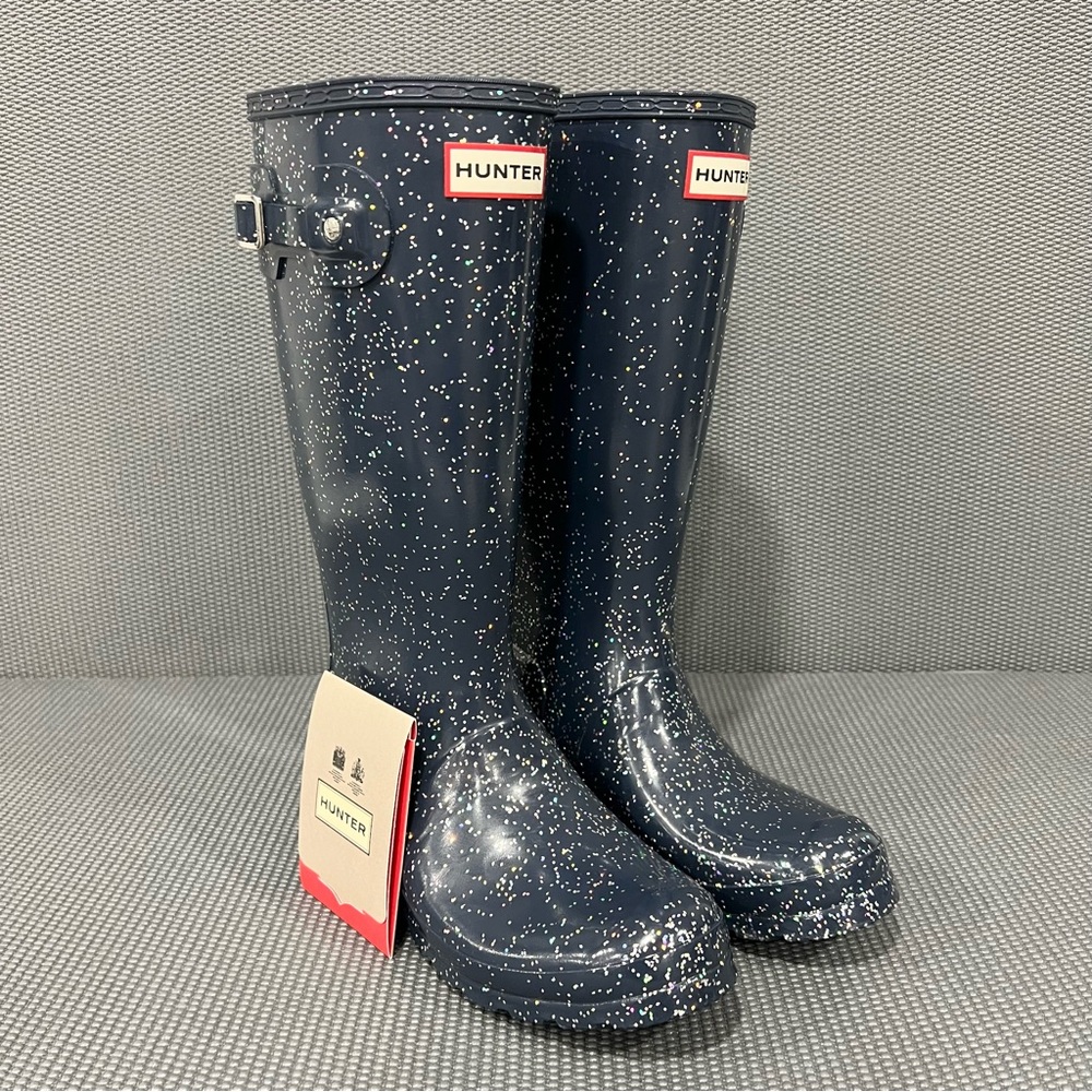 NEW Hunter Original Tall Glitter Rubber Rain Boots Navy Blue Girls‎ Size 6